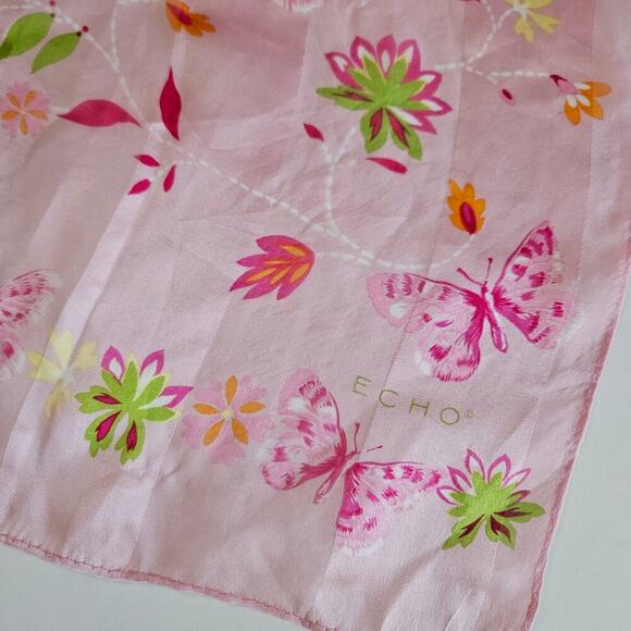 Vintage Y2K Echo Silk Scarf Pink Butterfly‎ Floral Print Hair Wrap Purse Accent - Picture 2 of 11